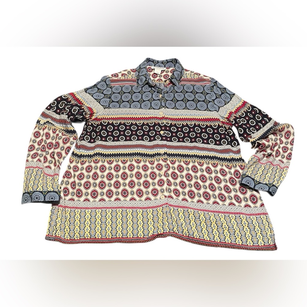 Peck&Peck Vintage 70s Button Down Multicolor Geometric Medallion Zigzag Blouse L
